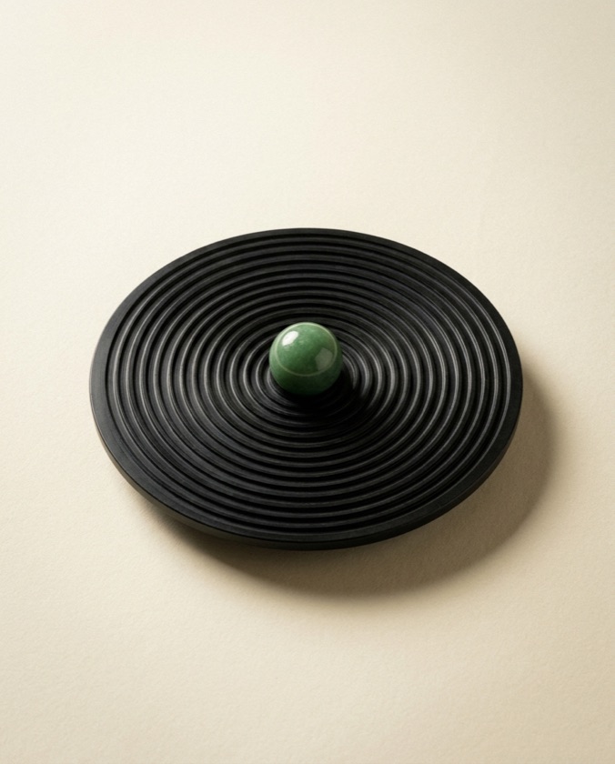 Abstract still-life sculpture: a jade-green sphere held at the center of concentric obsidian rings — a quiet emblem of Alfred's watch